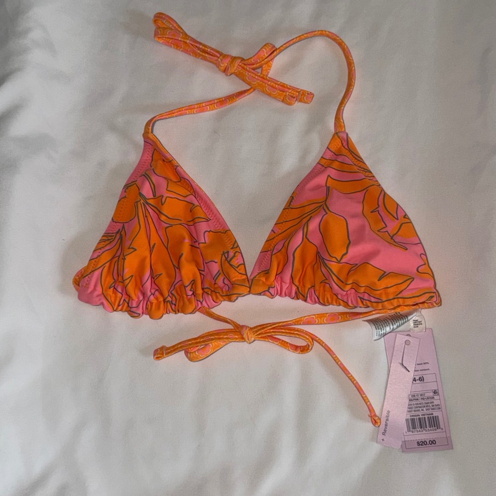 Y2K Reversible Triangle Bikini Top Orange Pink Tropical Floral Small S 4-6